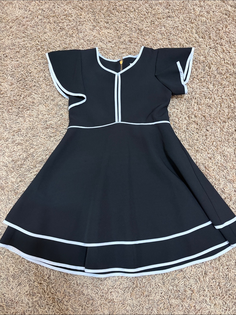 GB girls Black Dress with White Trim - Flutter Sleeve Fit-and-Flare
